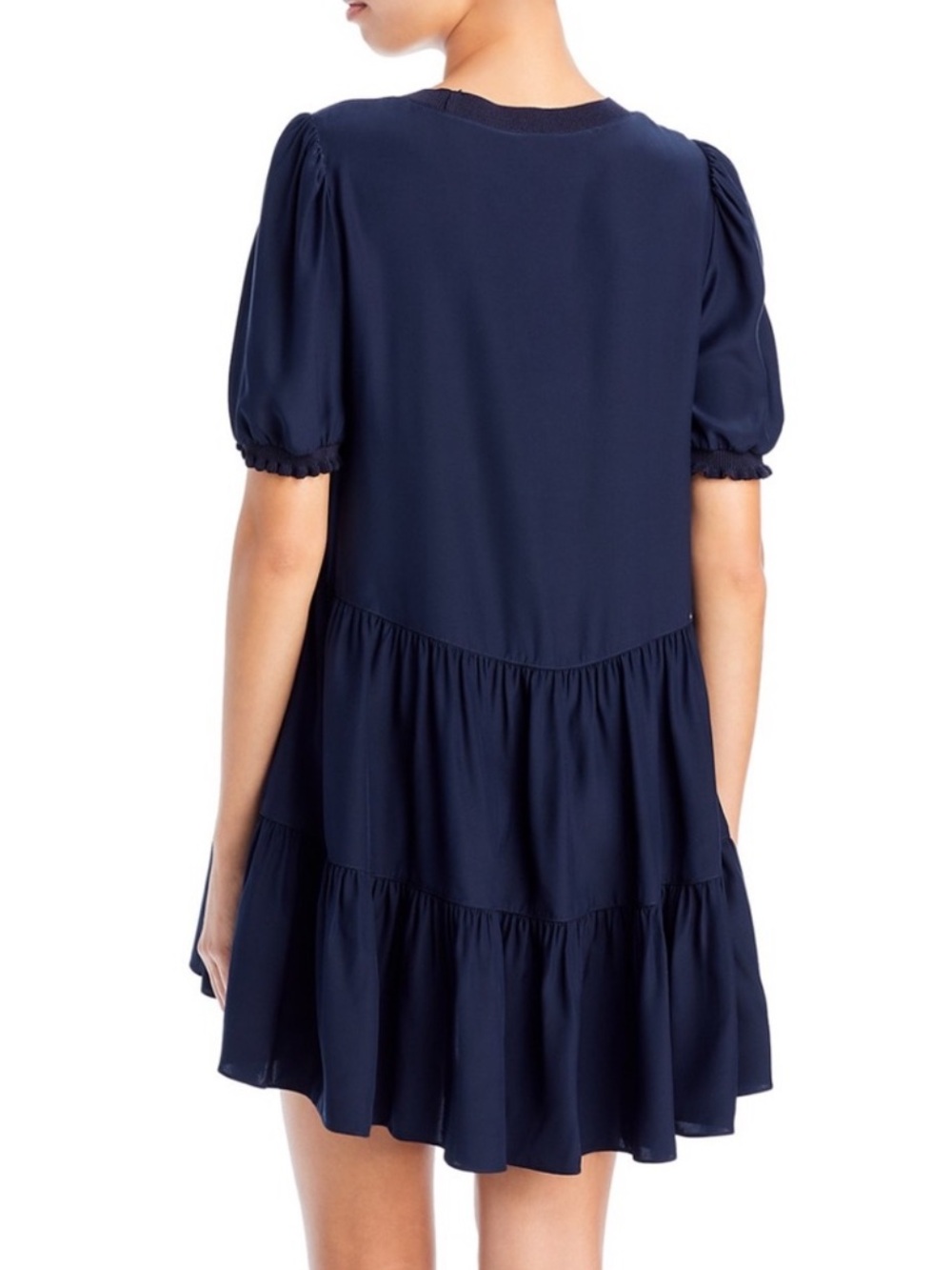 CINQ A SEPT EMALINA NAVY BLUE SILK CREWNECK TIERED SHORT SLEEVE DRESS - Picture 9 of 9